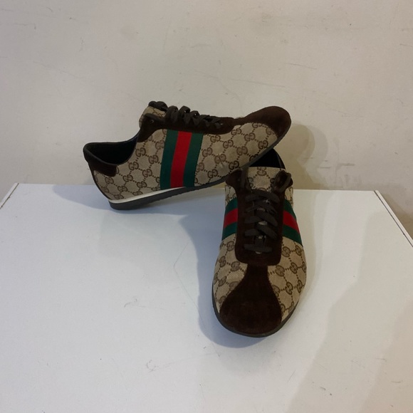 Gucci Brown/Beige Suede And GG Canvas men shoes Sneakers Sz G 10 US 11 - Picture 7 of 15